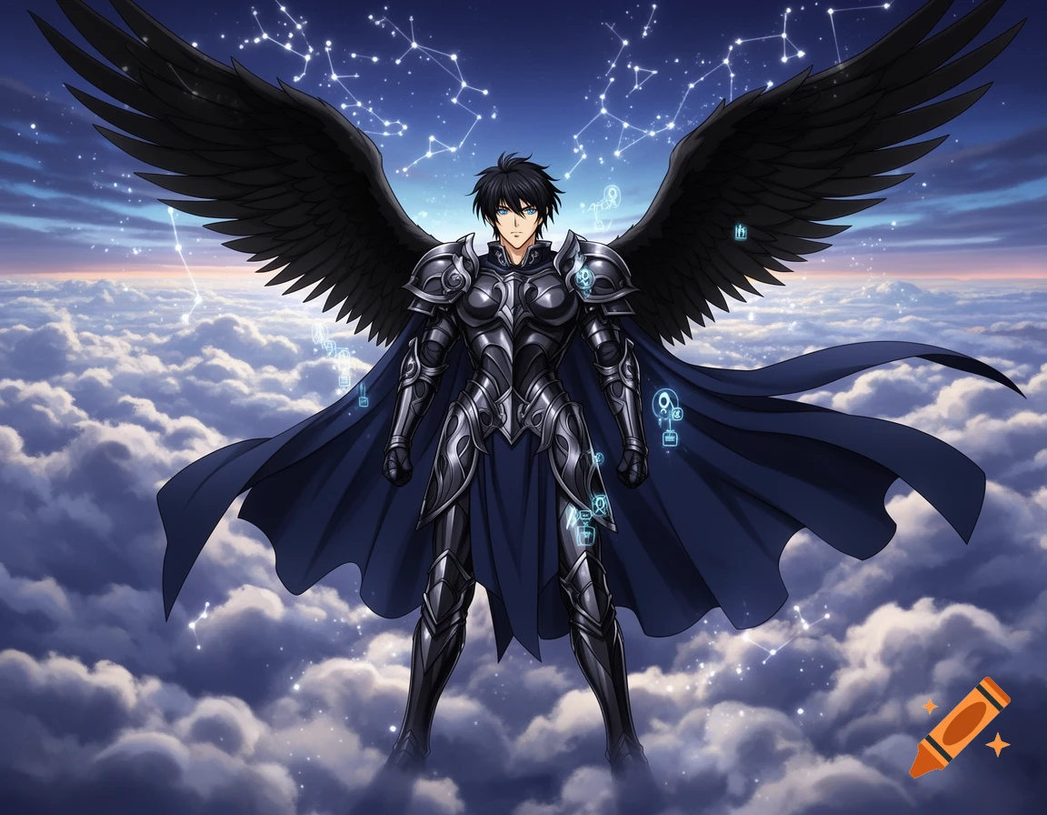 Anime male character in black armor with large black wings stands on clouds beneath constellations.