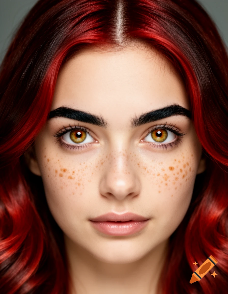 Close-up photorealistic portrait of a young woman with red-brown auburn hair, freckles, strong eyebrows, and hazel-amber eyes under studio lighting.
