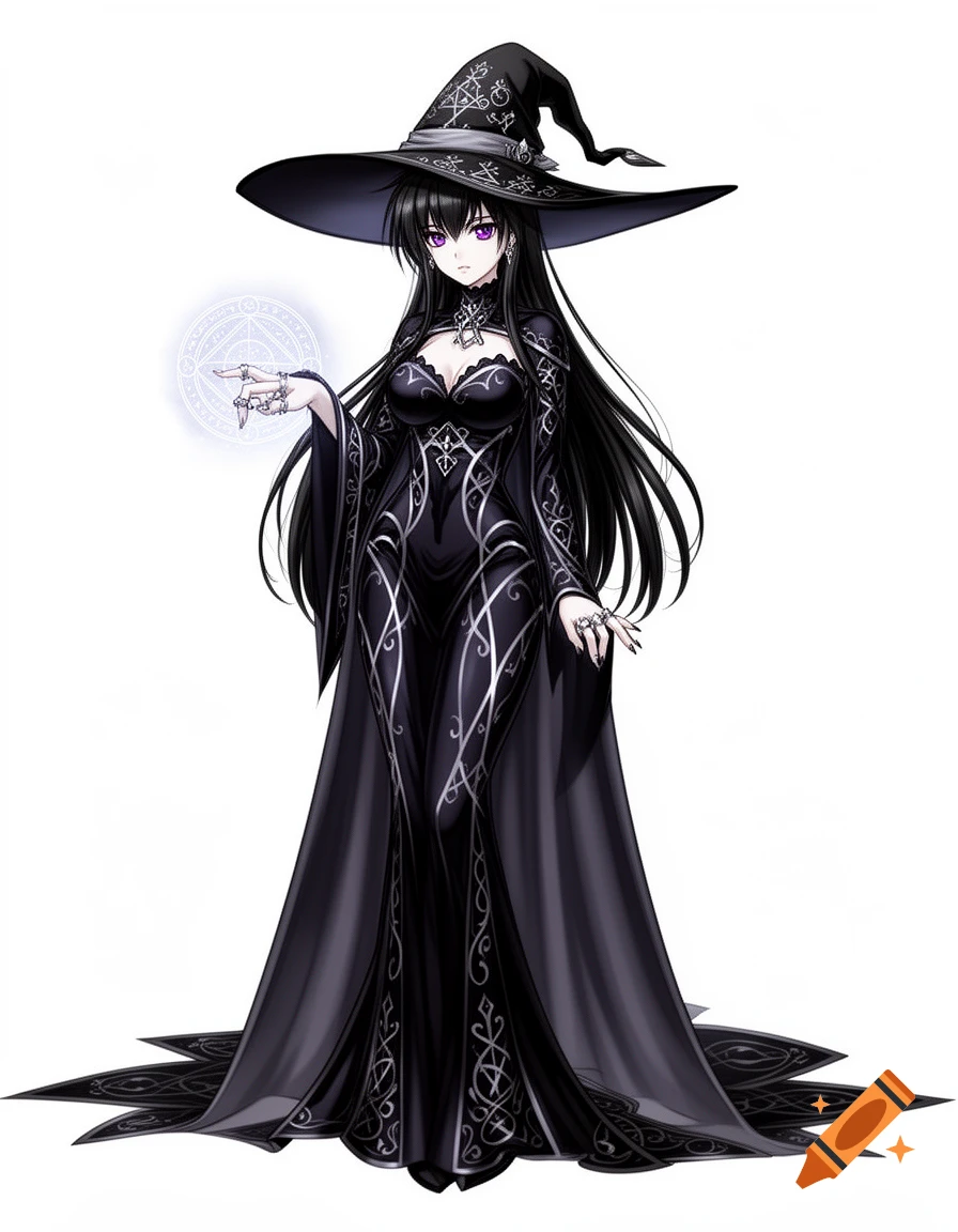 An anime witch with long black hair and purple eyes wears a black wide-brimmed hat and an elaborate black dress with silver patterns, casting a glowing magical orb from her hand.