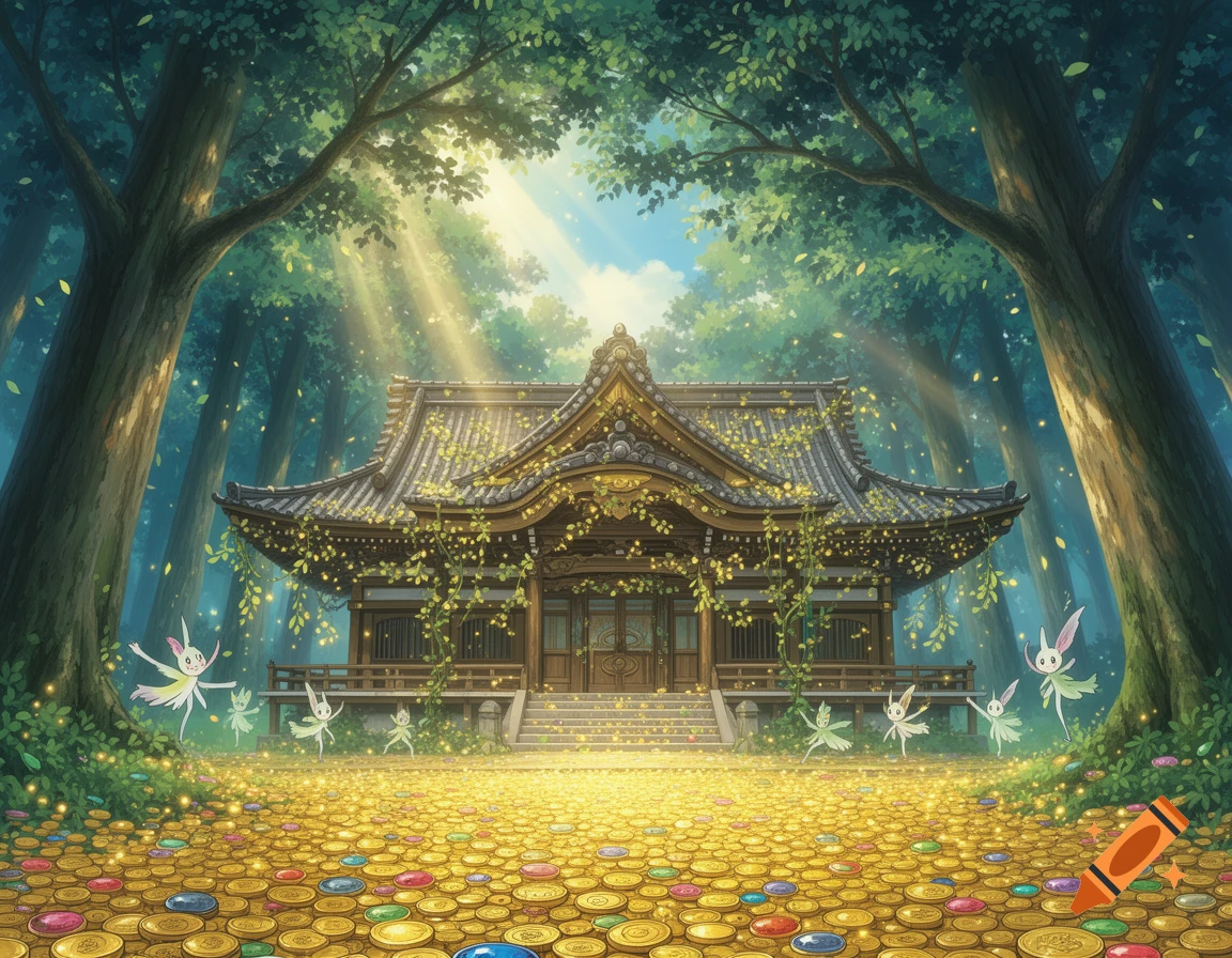 A vibrant Ghibli-style anime illustration shows a Japanese temple in a magical forest with sunbeams, surrounded by gold coins and small dancing fairies.
