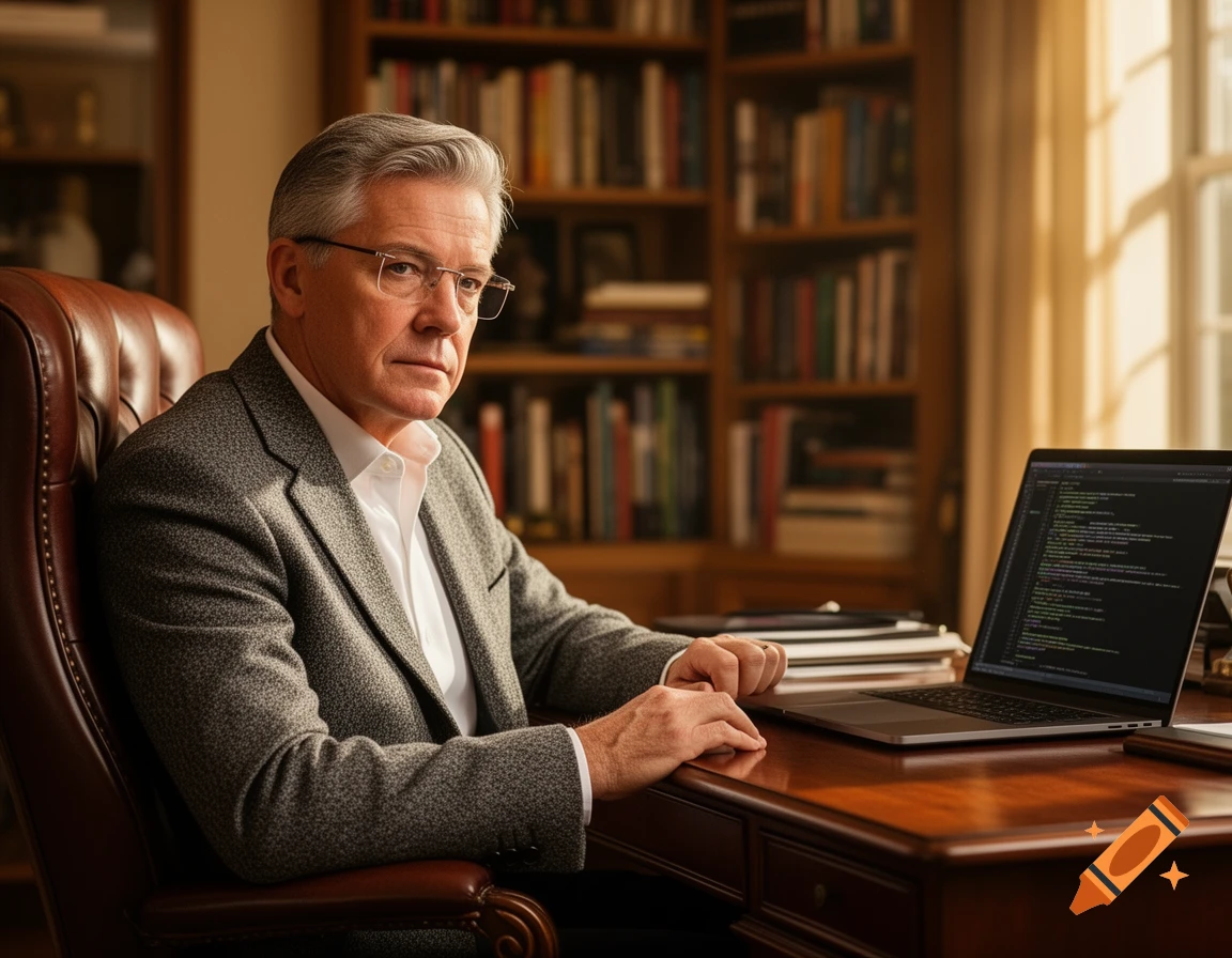 A distinguished man in a suit and glasses sits at a wooden desk with a laptop, bookshelves in the background.