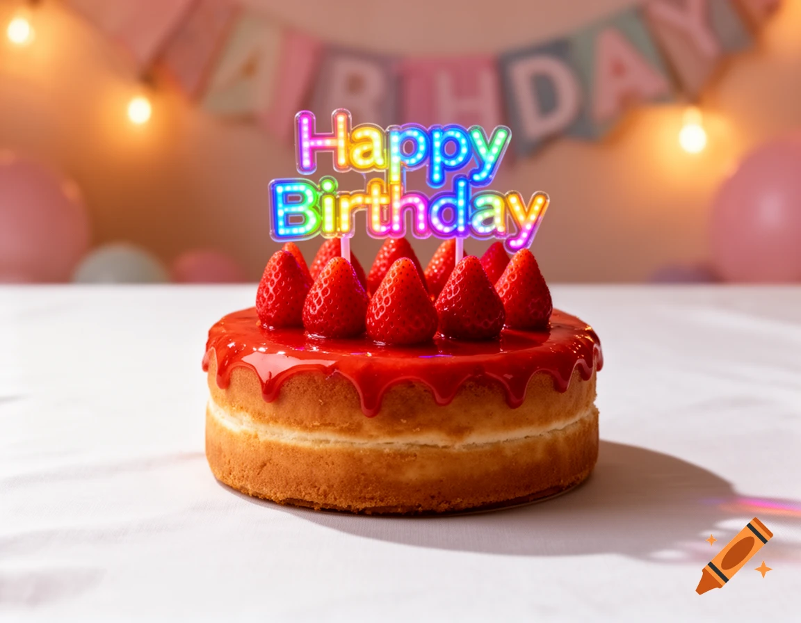A two-layer birthday cake with strawberry glaze, fresh strawberries, and a colorful LED 'Happy Birthday' topper, set against a blurred background with party decorations.