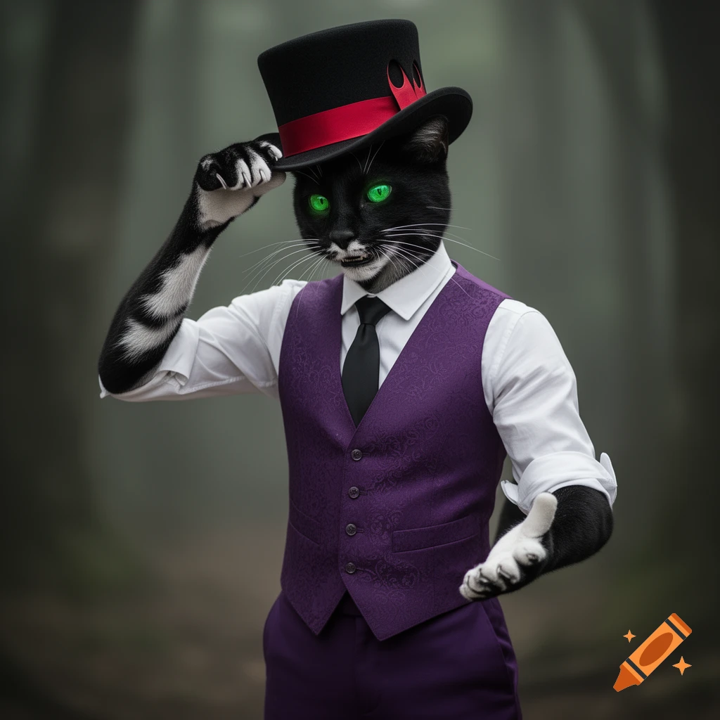 Anthropomorphic black cat with glowing green eyes in a purple suit and top hat, tipping its hat in a forest.