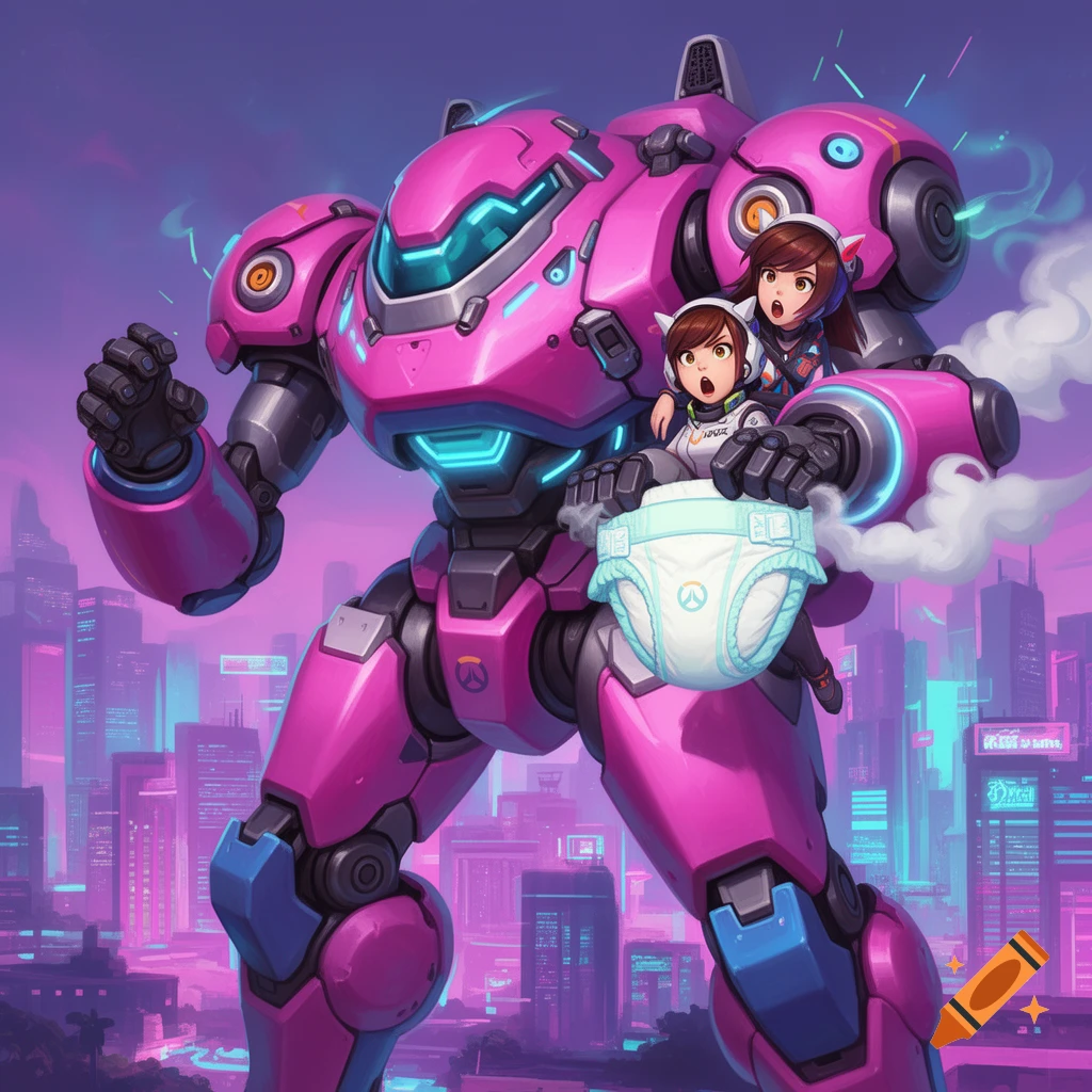 Anime-style D.Va and her pink MEKA mech suit stand in a futuristic city, holding a large white diaper.
