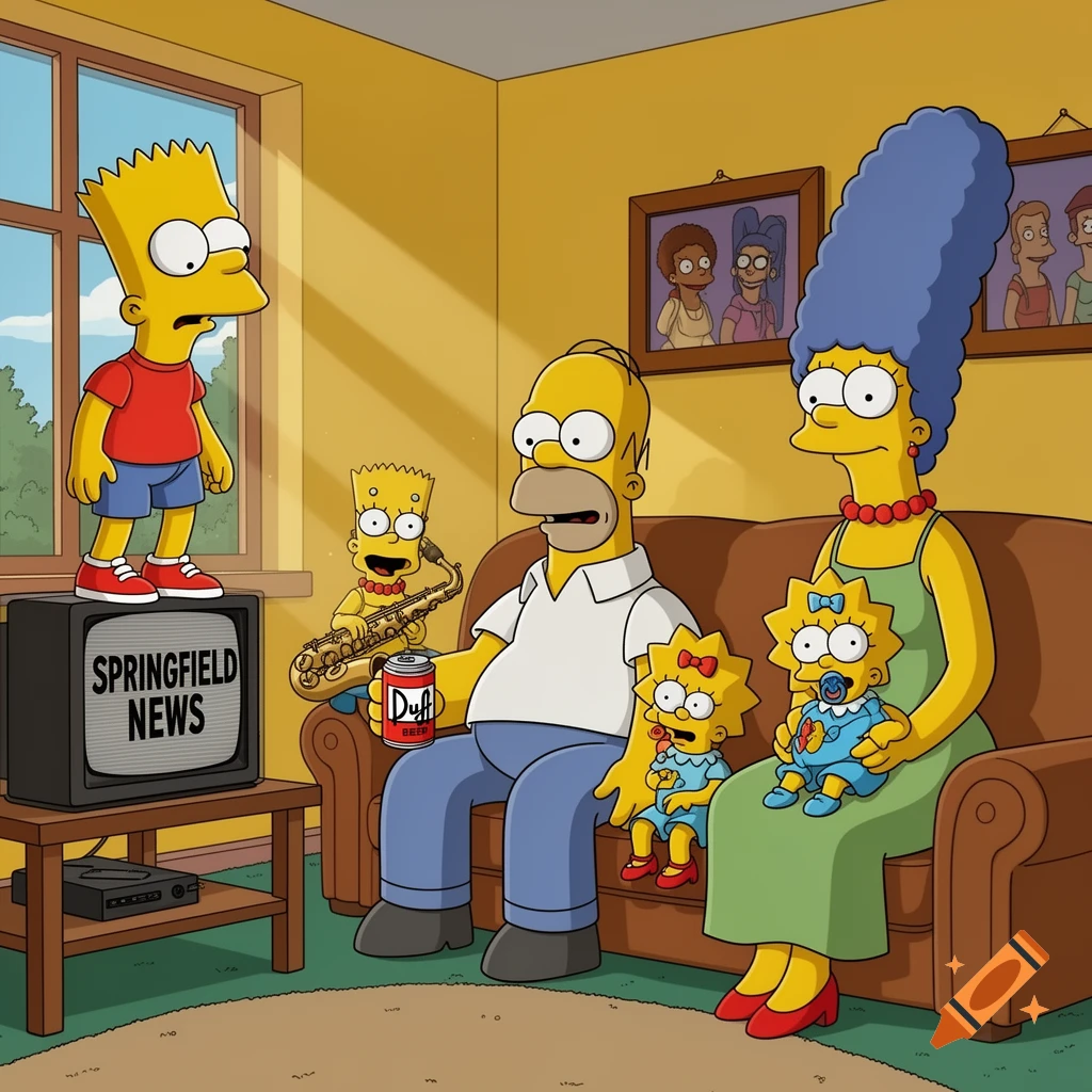 The Simpson family cartoon in their living room. Homer, Marge, Bart, and two babies are present; Bart stands on a TV displaying "Springfield News".