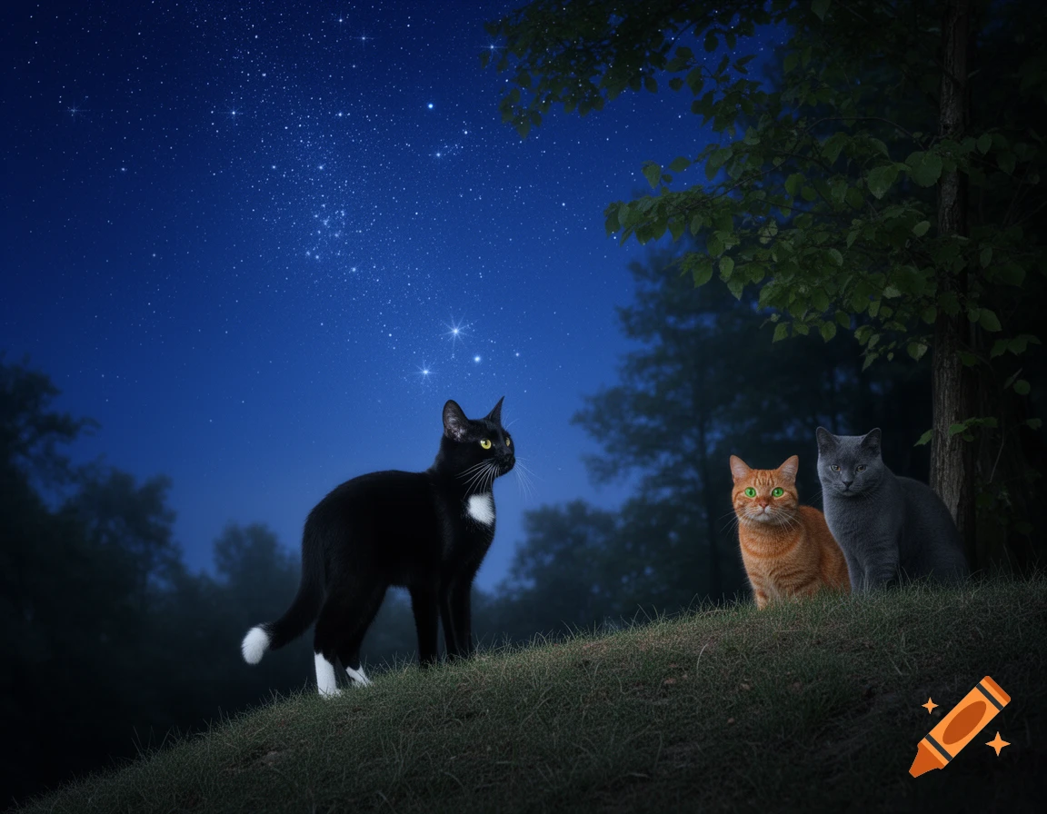 A black cat with white markings stands on a grassy hill, looking towards an orange and a gray cat in a dark forest under a starry night sky.