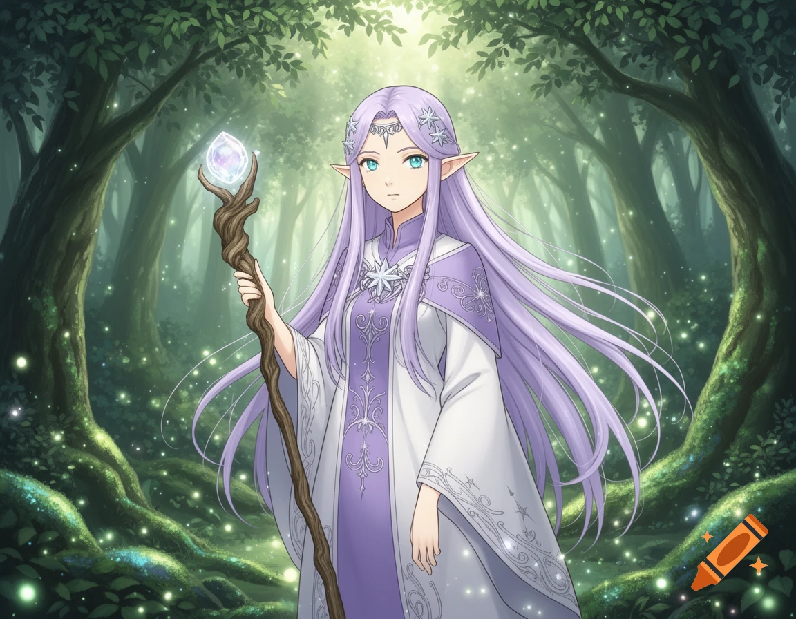 Anime-style elf-like woman with long purple hair and a glowing staff in a magical forest.