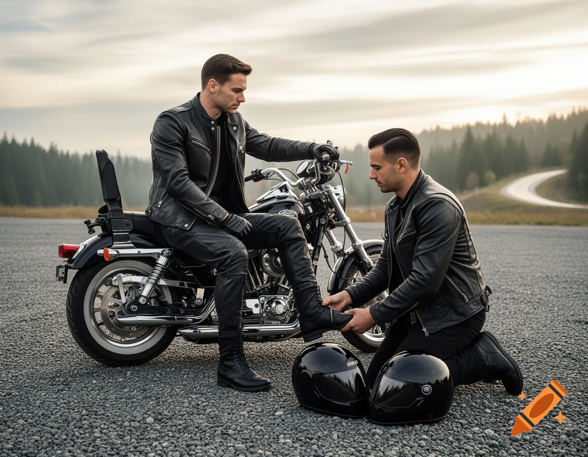 Two men in black leather biker outfits with a motorcycle on a road. One kneels to clean the other's boot, with helmets on the ground.