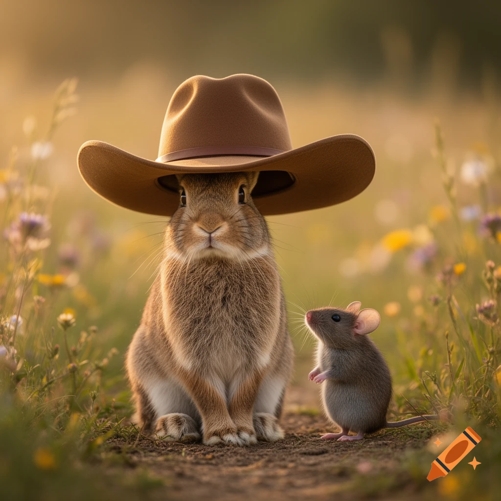 A fluffy brown rabbit wears a cowboy hat while sitting on a dirt path next to a tiny gray mouse in a sunlit field of wildflowers.