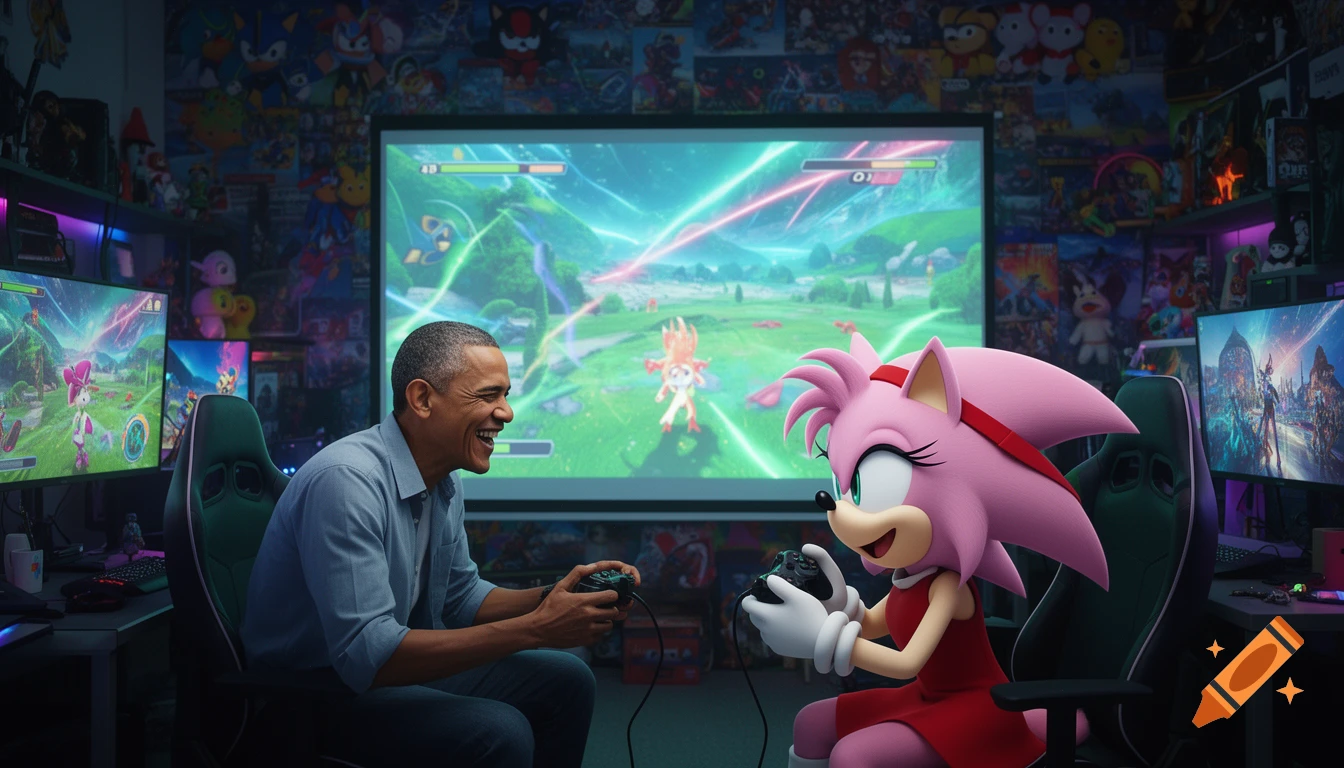 Barack Obama and Amy Rose from Sonic the Hedgehog laugh while playing video games together on a large screen in a vibrant, game-themed room.