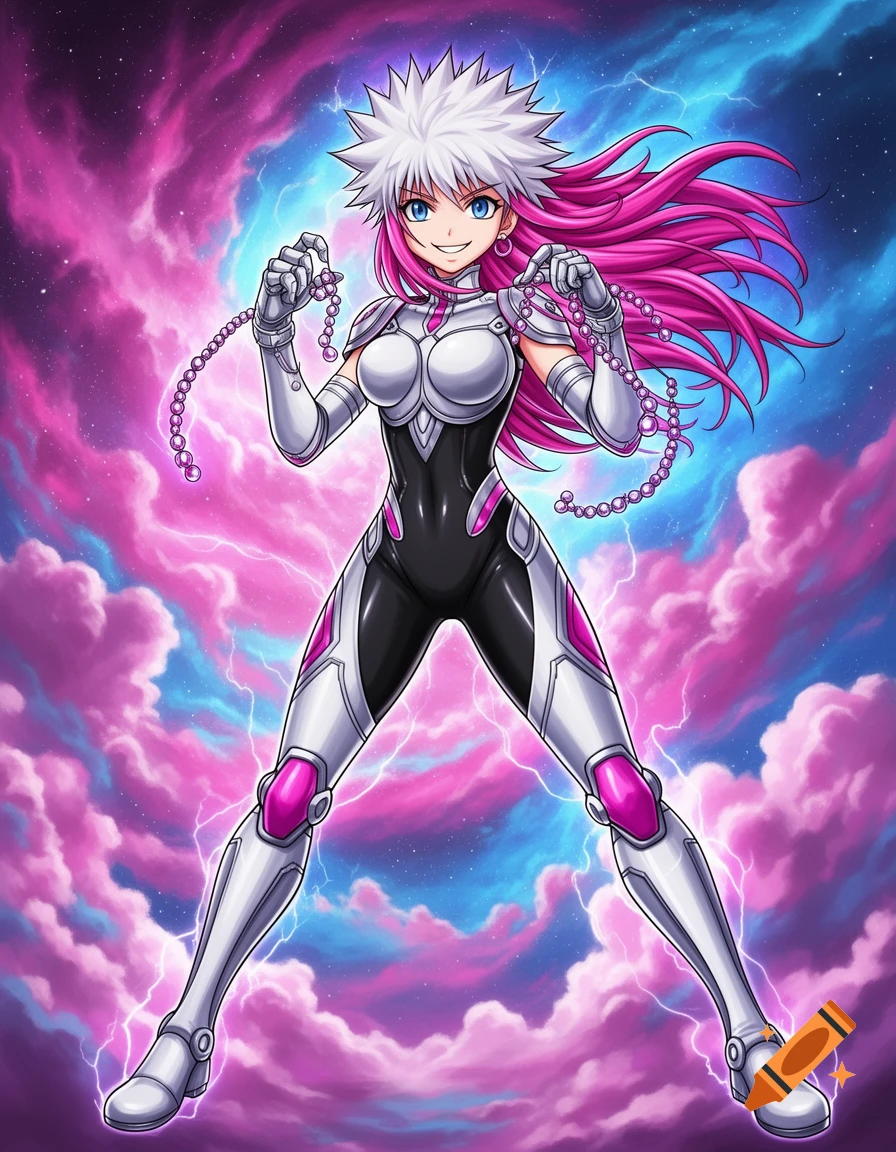 Anime girl with white spiky and long pink hair, wearing a white and black armored suit, holding beaded chains in a cosmic storm.
