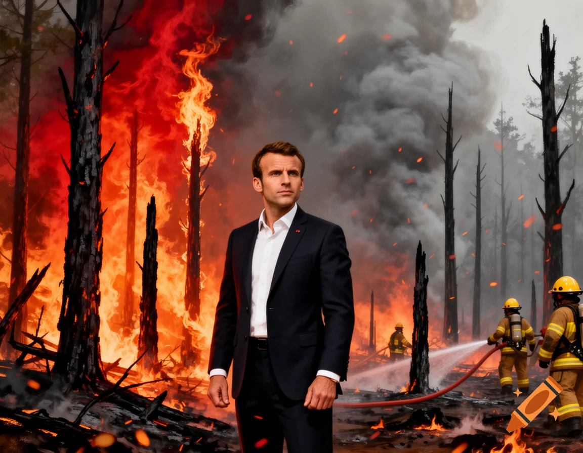Emmanuel Macron stands in front of a raging forest fire with firefighters battling the blaze in the background, stylized illustration.