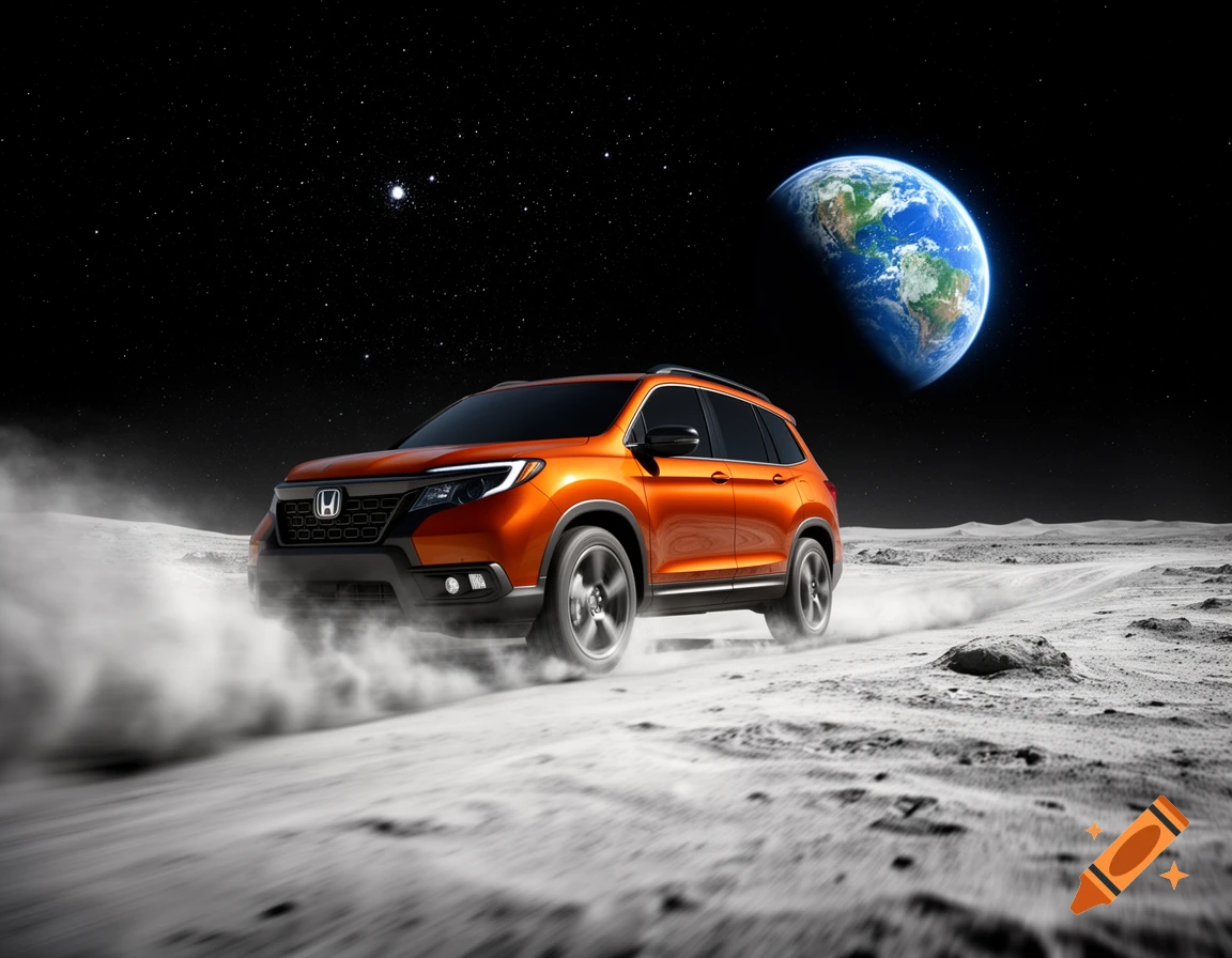 An orange Honda Passport SUV drives across a dusty moon surface with Earth visible in the starry background.