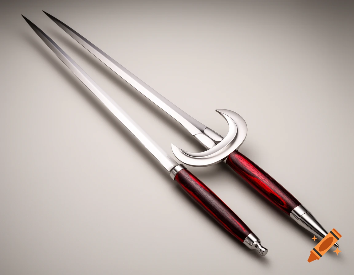 Two polished steel martial arts weapons with crescent-moon guards, red wooden grips, and pointed pommels, on a neutral background.