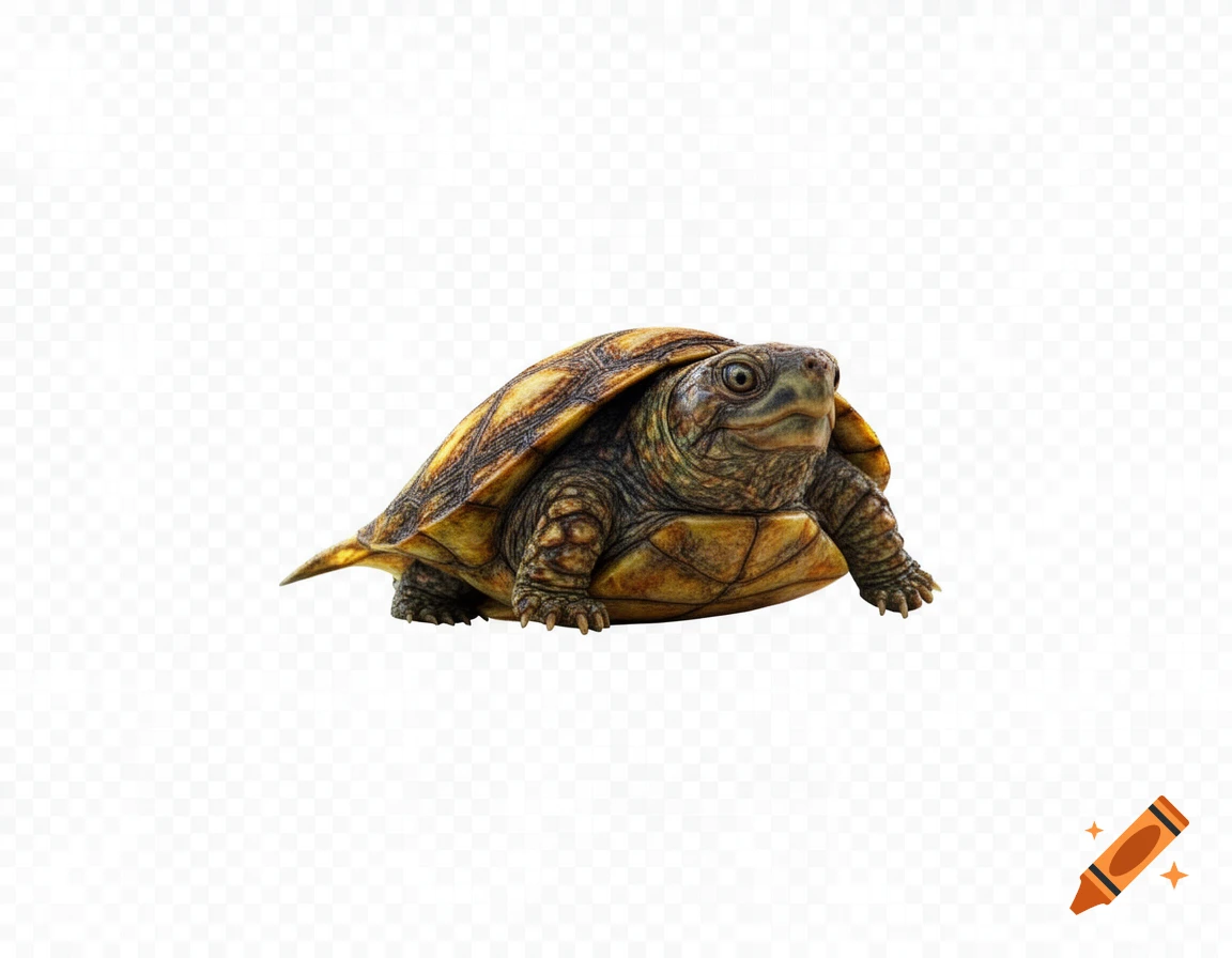 A photorealistic turtle with a detailed brown and yellow patterned shell looks forward, set against a transparent background.
