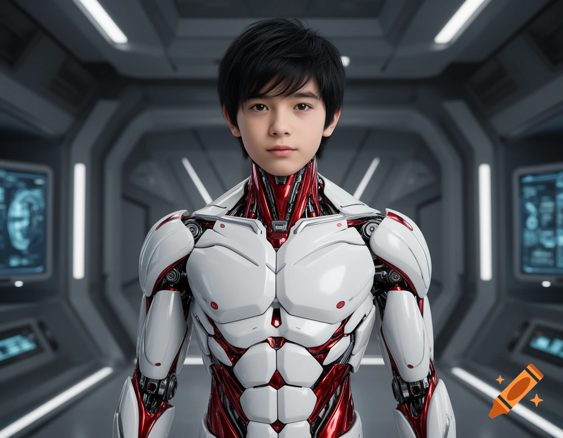 A young boy with dark hair and a human face stands, wearing a white and red futuristic robotic suit, in a high-tech grey spaceship corridor.