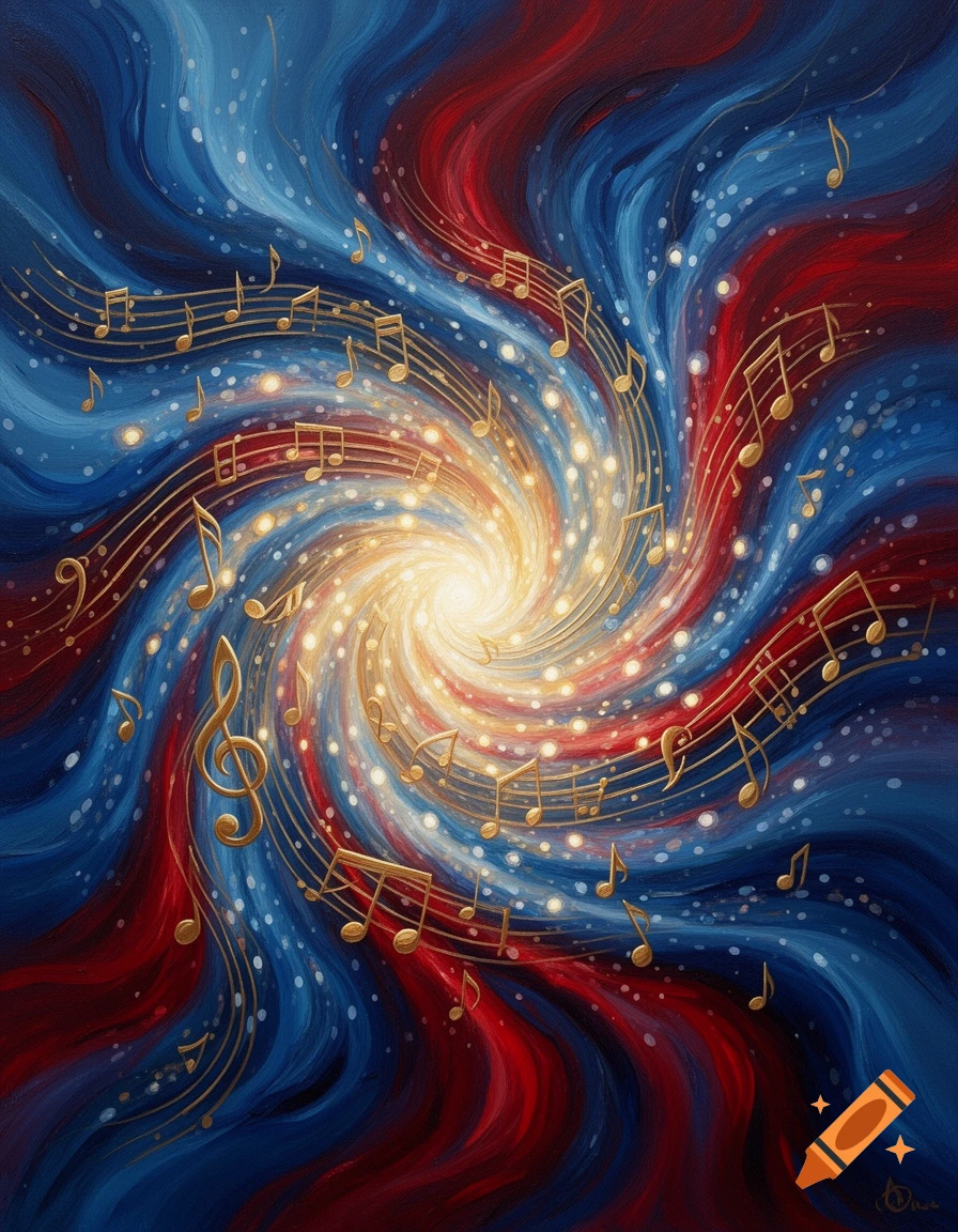 Abstract painting with swirling red and blue colors, a bright central light, and golden musical notes flowing through it.