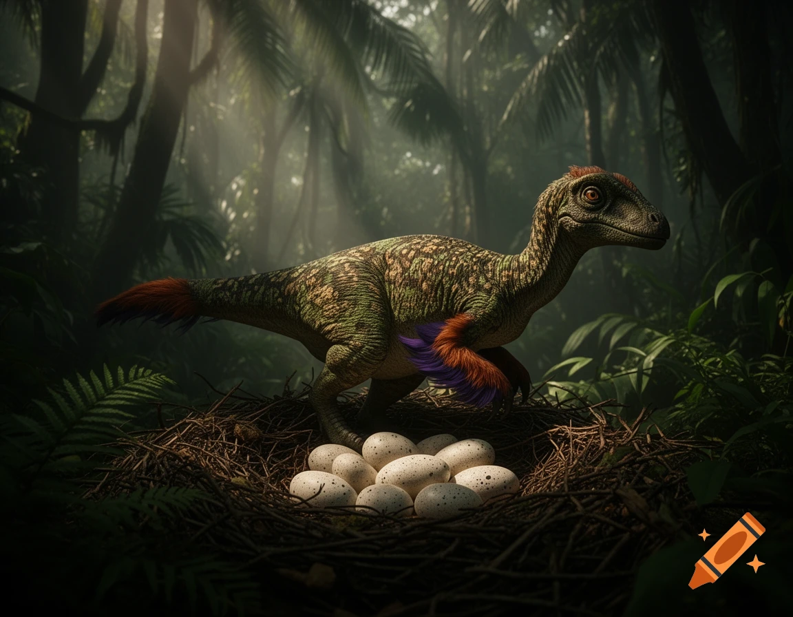 A vibrantly colored oviraptor dinosaur crouches over a nest of eggs in a dense, misty jungle with light rays.