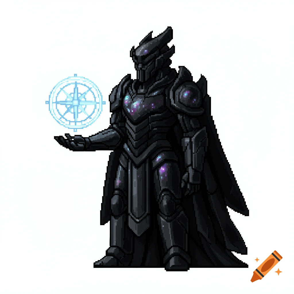 2D pixel art icon of a giant cosmic mechanical deity in dark, space-speckled armor, holding a glowing blue abstract compass.