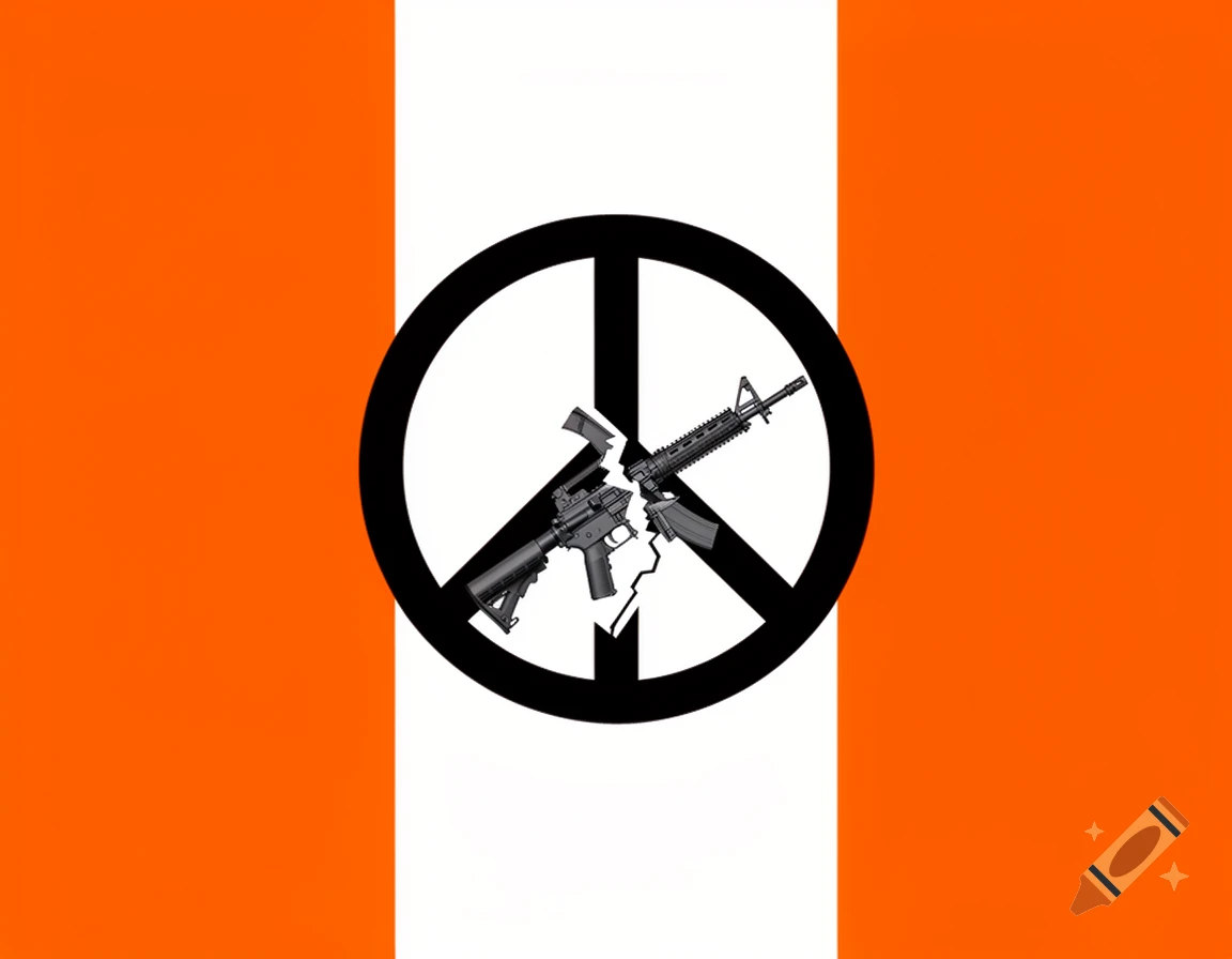 A flag with orange side stripes and a white center, featuring a black peace sign with a broken assault rifle across it.