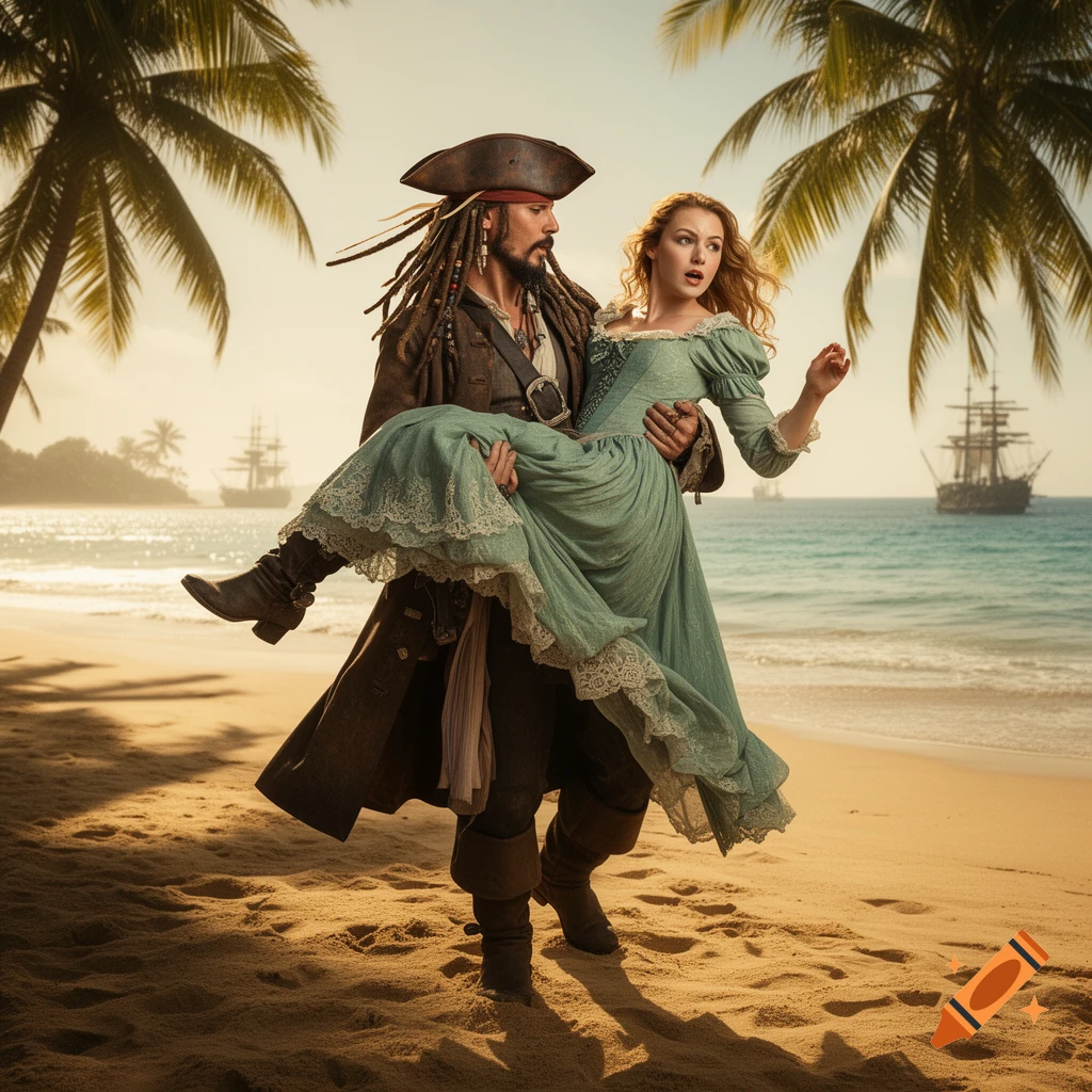 Captain Jack Sparrow carries Elizabeth Swann on a tropical beach with palm trees and pirate ships.