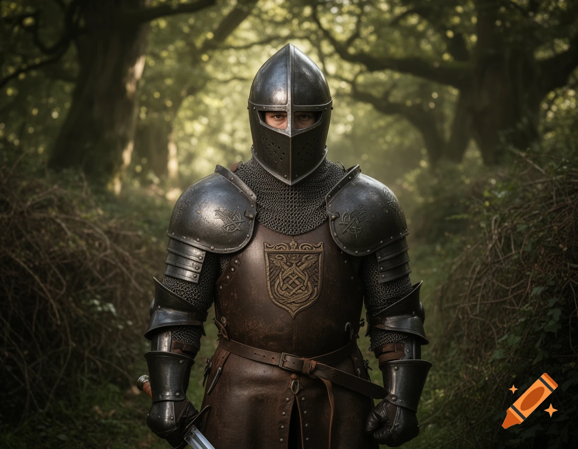 A photorealistic image of a medieval knight in full armor, holding a sword, standing in a misty forest.