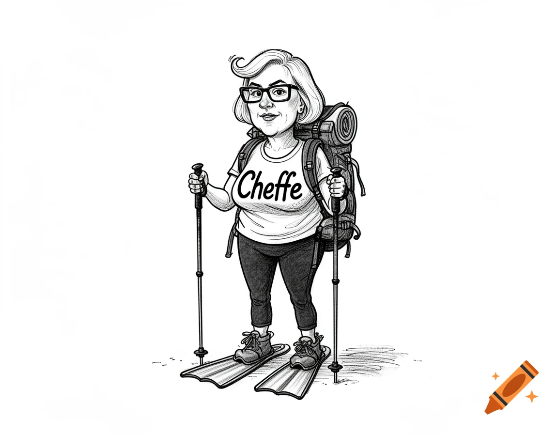 Black and white caricature of a woman with short blonde hair and glasses, wearing a "Cheffe" t-shirt, hiking backpack, poles, and fins.