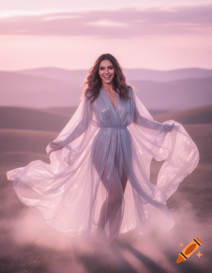 A smiling woman in a flowing, shimmering silver dress stands in a hazy, pink-hued landscape with mountains in the distance.