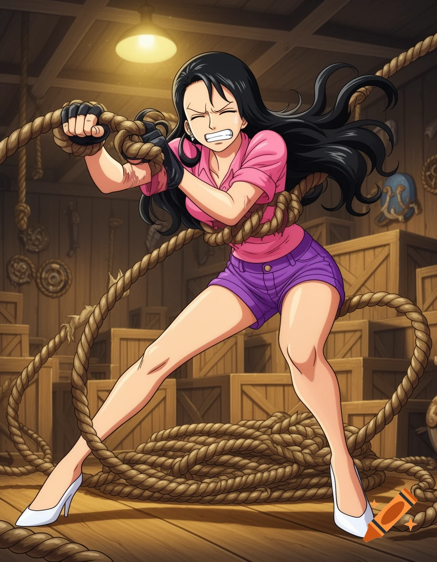 Anime-style Nico Robin in a pink shirt and purple shorts struggles with ropes in a wooden room, gritting her teeth with eyes closed.