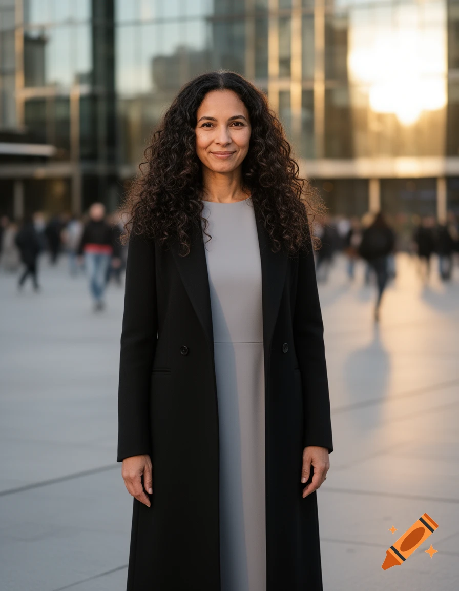 A woman with long curly hair smiles, wearing a black coat over a gray dress in a bustling city plaza.
