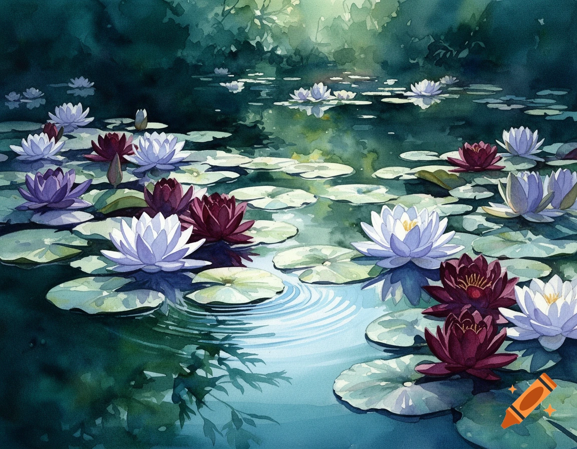 A vibrant watercolor painting of a waterlily pond featuring white, periwinkle, and burgundy lilies and green pads on dark teal water.