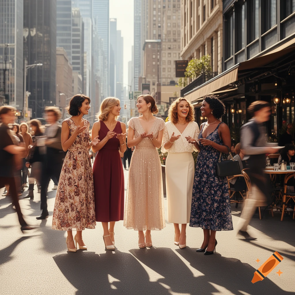 Five women in elegant dresses smile and clap on a sunny city street with blurred pedestrians and tall buildings, photorealistic style.