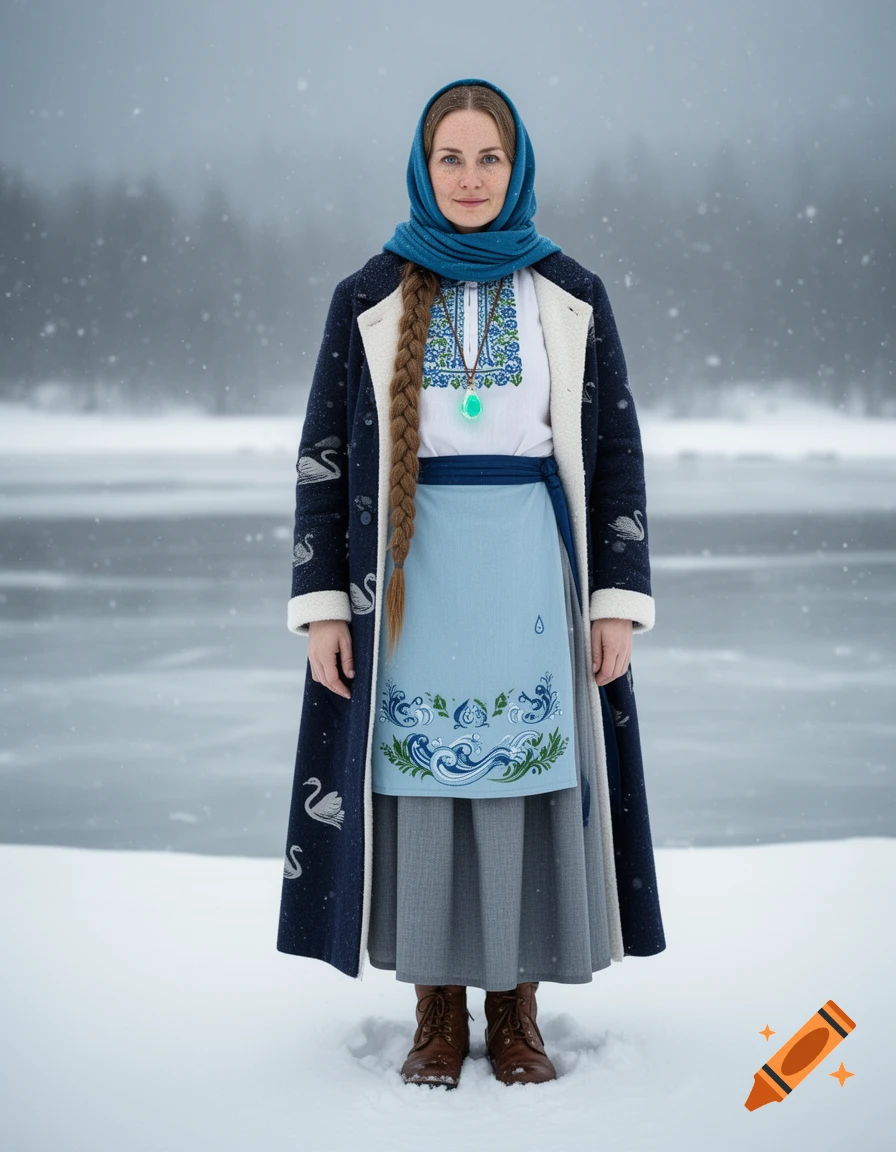 A woman in traditional Belarusian-inspired winter clothing, with a blue headscarf and long braid, stands in a snowy landscape.
