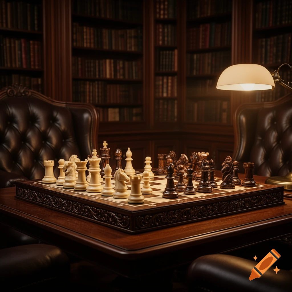 Photorealistic chess set on a dark wooden table in a dimly lit study with leather chairs and bookshelves, illuminated by a table lamp.