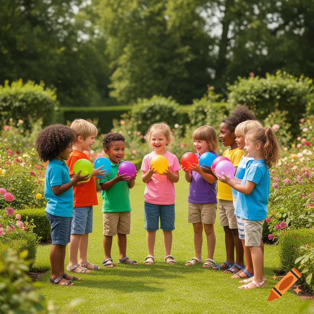A group of diverse children laughing and standing in a sunny garden, each holding a colorful ball.