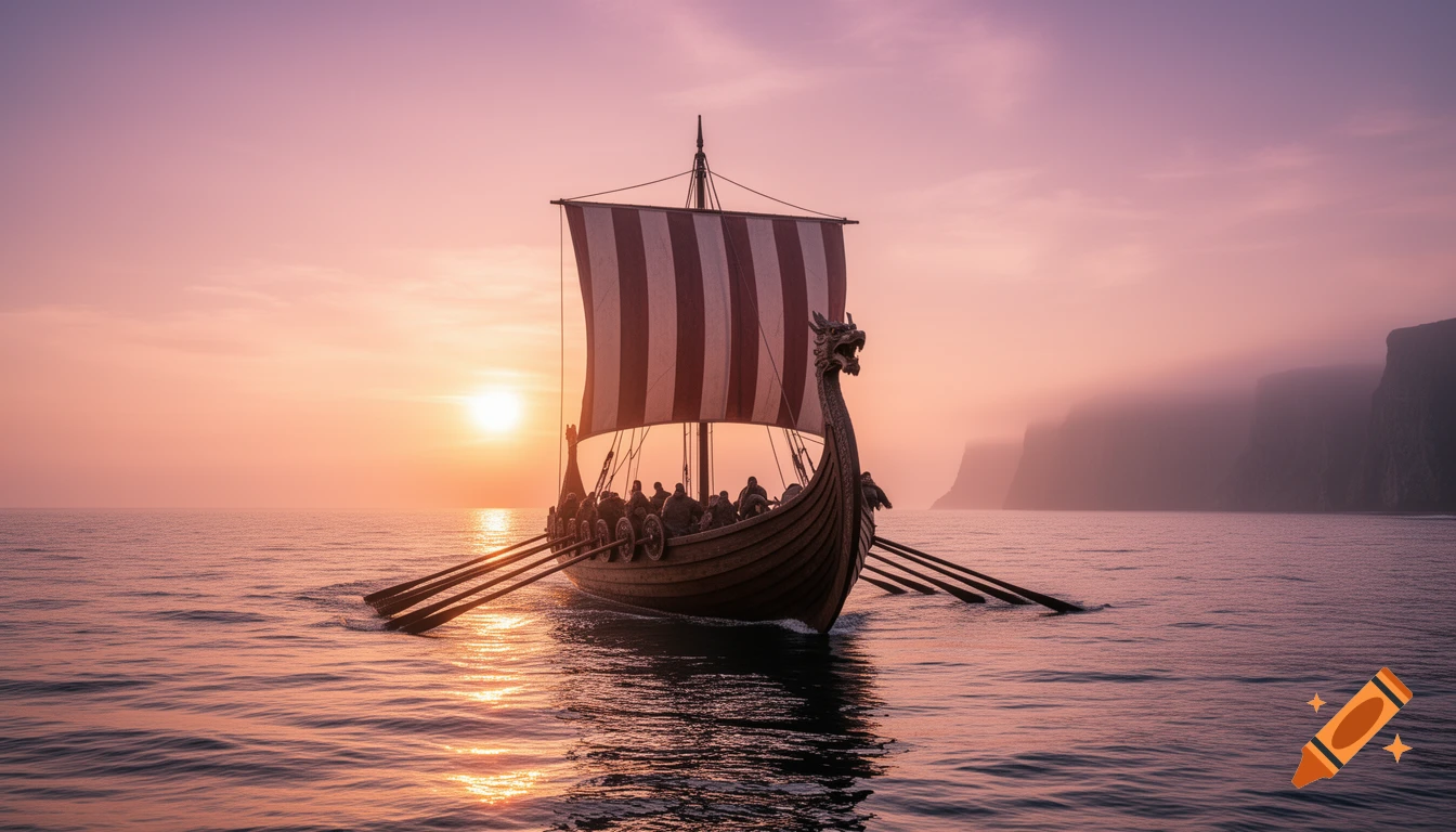 A Viking longship with a striped sail and rowers glides on calm water at sunrise, with misty cliffs in the background.