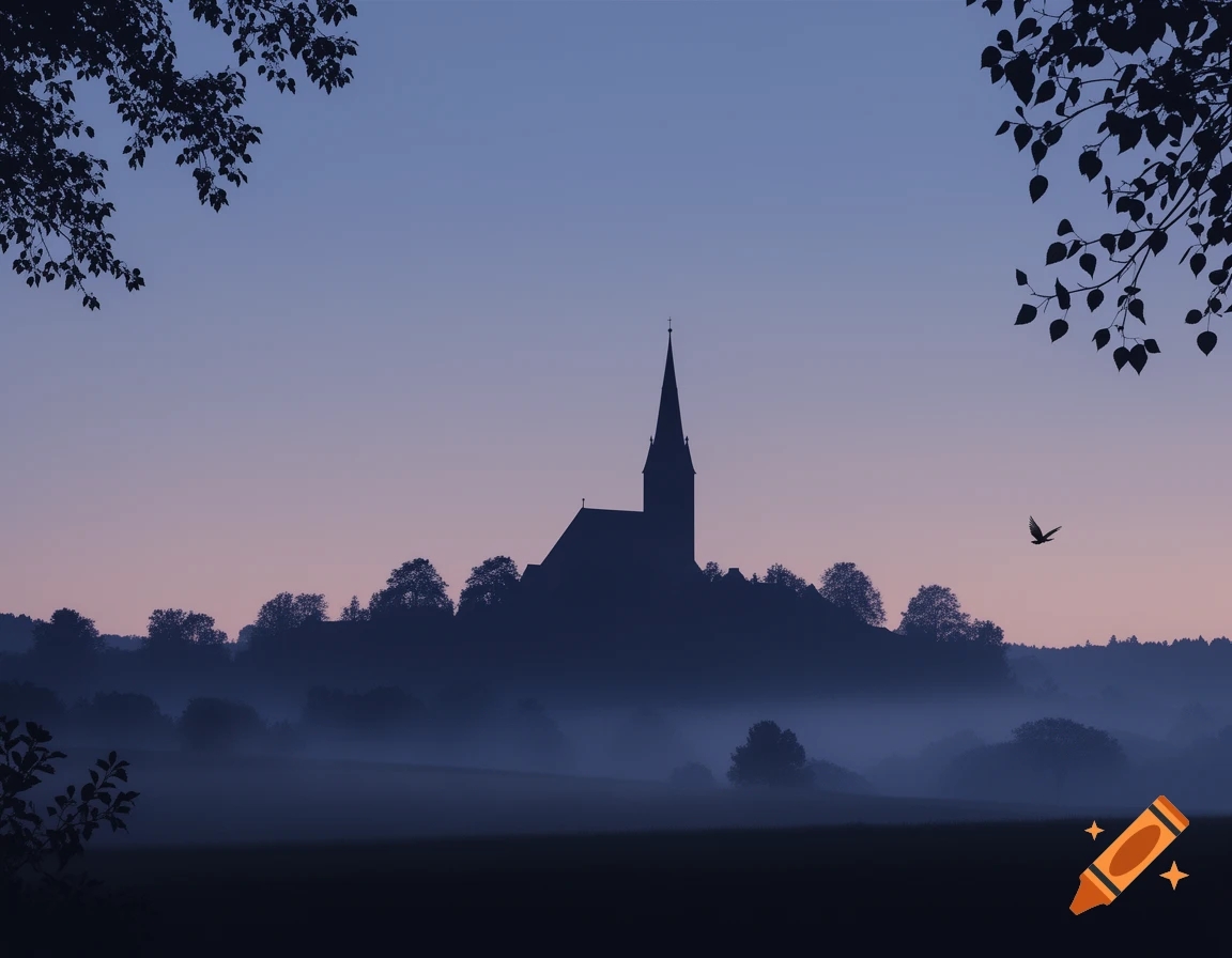 Silhouette of a church and trees on a misty hill against a twilight sky, framed by tree branches, with a bird flying.