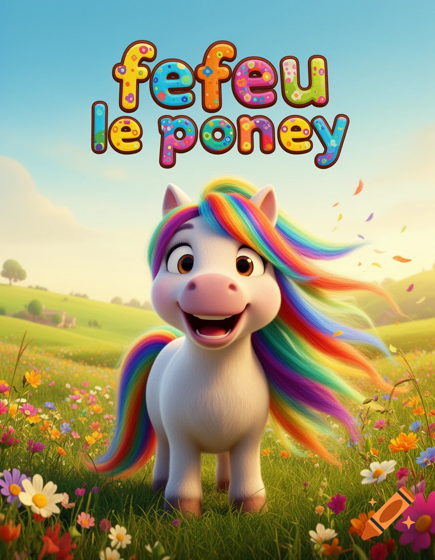 A happy cartoon pony with a rainbow mane and tail stands in a vibrant flower field, with the text 'fefeu le poney' above.