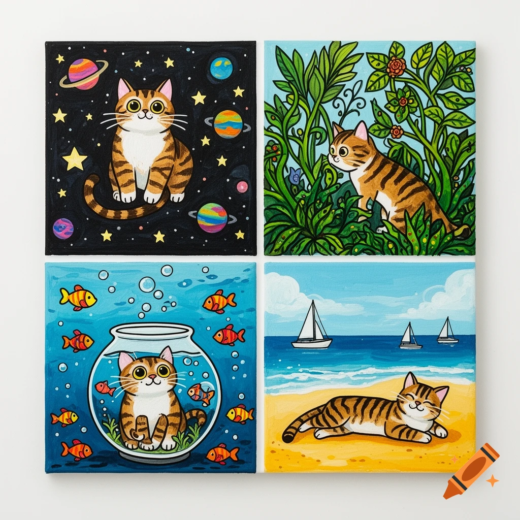 Four square, colorful, cartoon-style paintings of a striped cat: one in space, one in plants, one in a fishbowl, and one on a beach.
