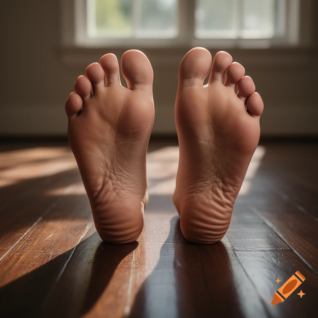 Two bare feet with soles facing the viewer stand on a sun-dappled wooden floor, window in background, photorealistic style.