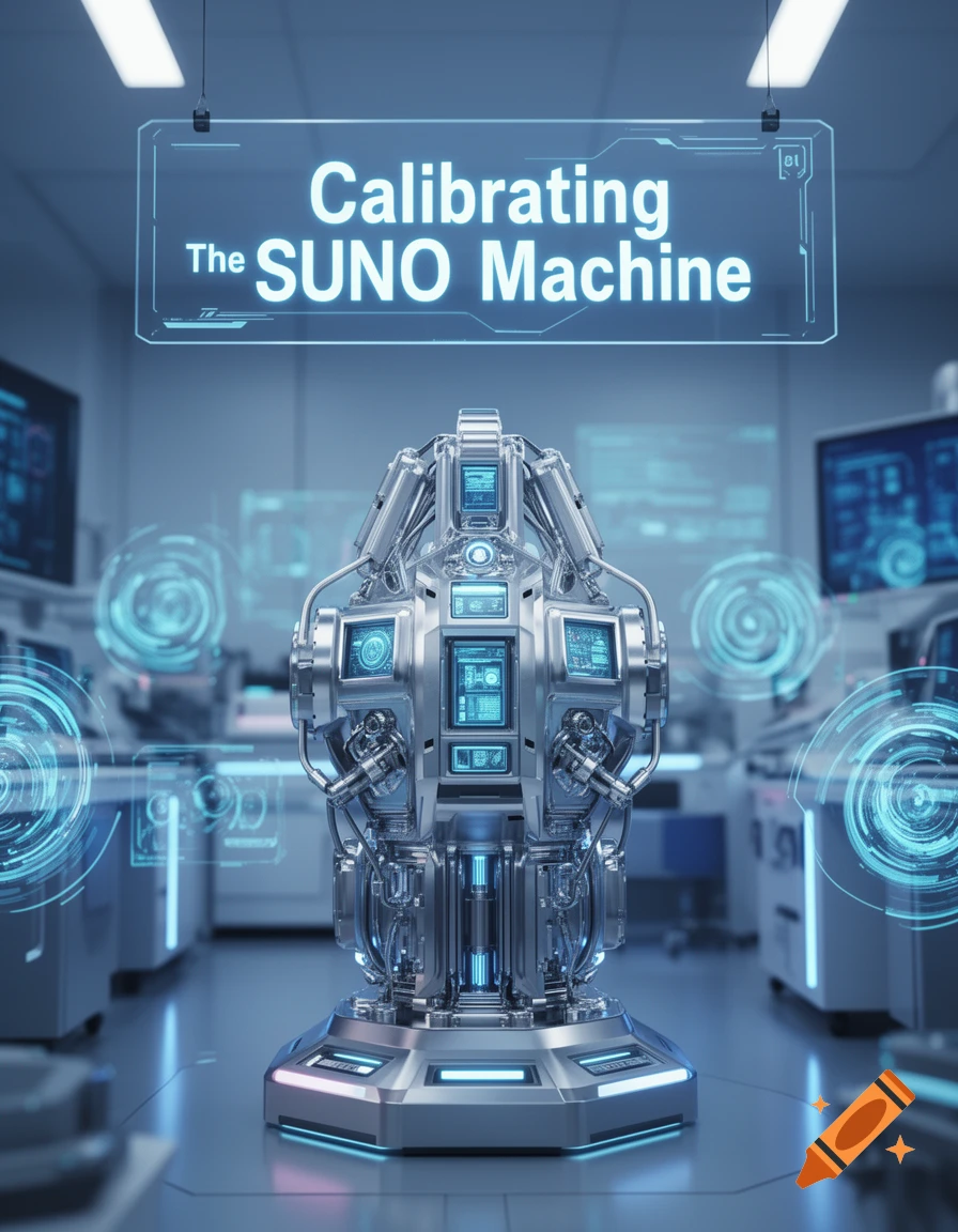 Futuristic metallic machine with glowing screens in a lab, under a holographic sign reading 'Calibrating The SUNO Machine'.