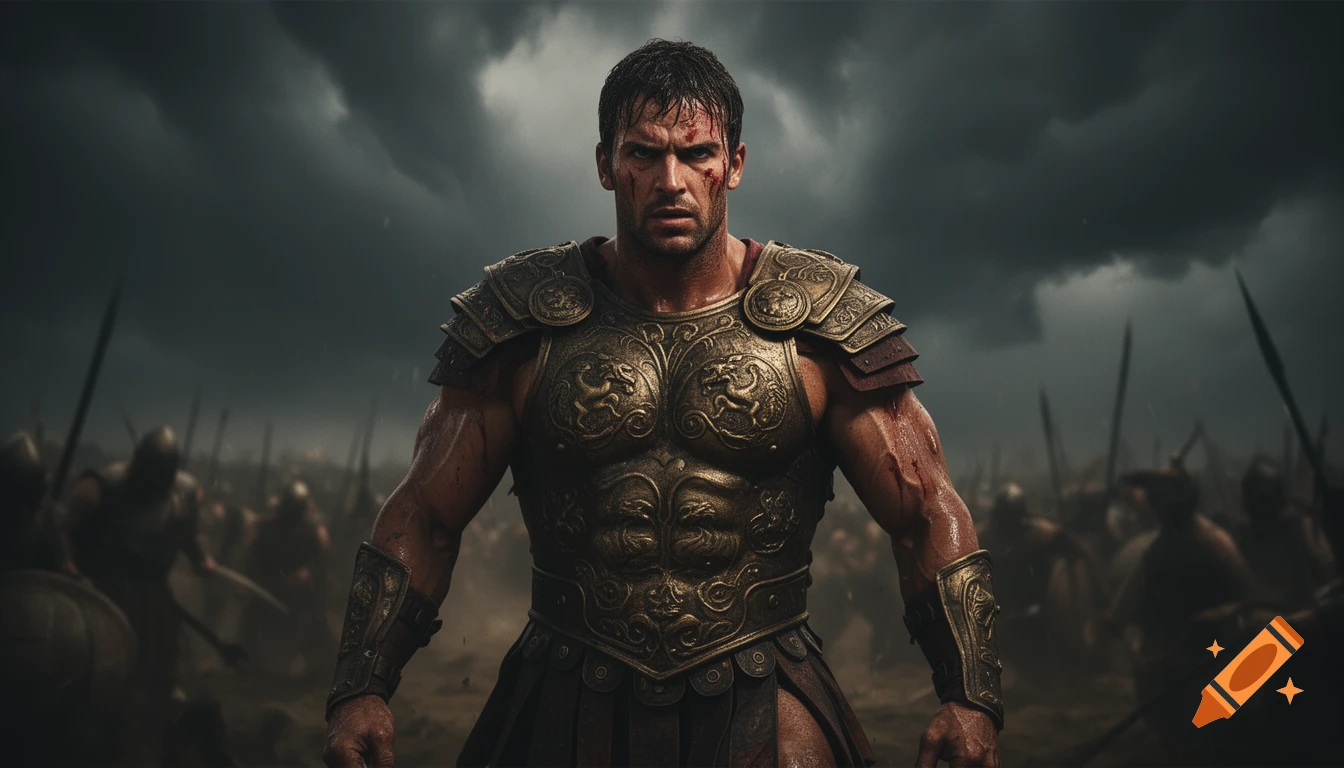 Hyper-realistic cinematic image of a muscular, bloodied ancient warrior in ornate bronze armor on a stormy battlefield.