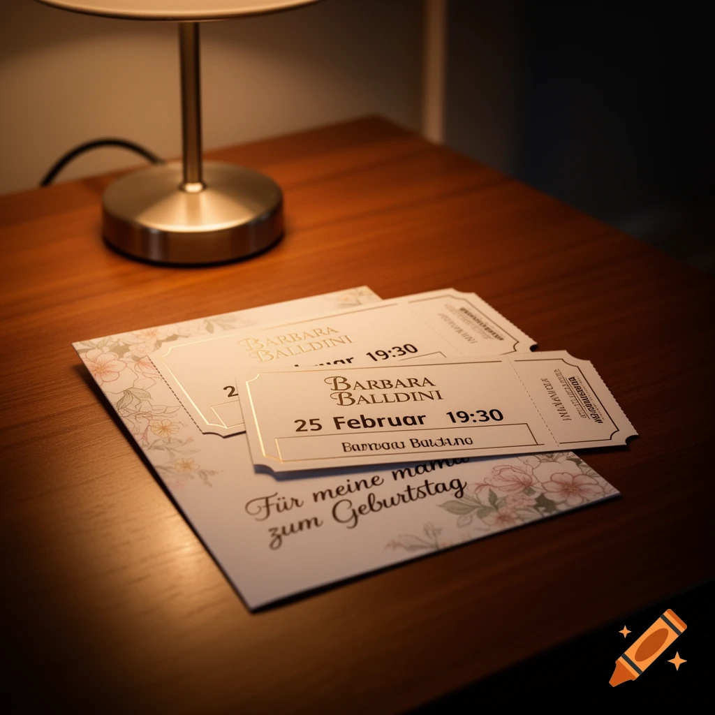 Close-up of three event tickets and a birthday card with floral designs on a wooden table, illuminated by a modern bedside lamp.