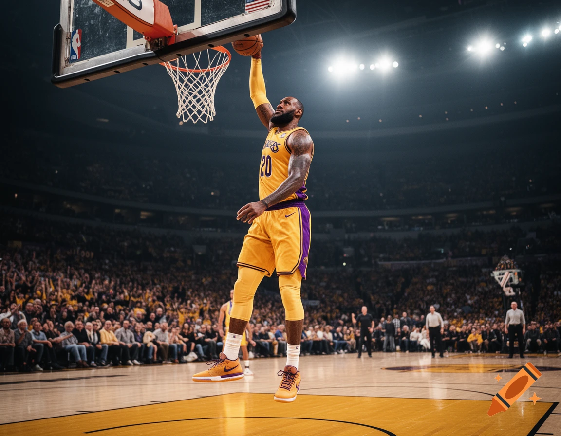 A photorealistic image of LeBron James in a yellow Lakers uniform dunking a basketball in a crowded arena.