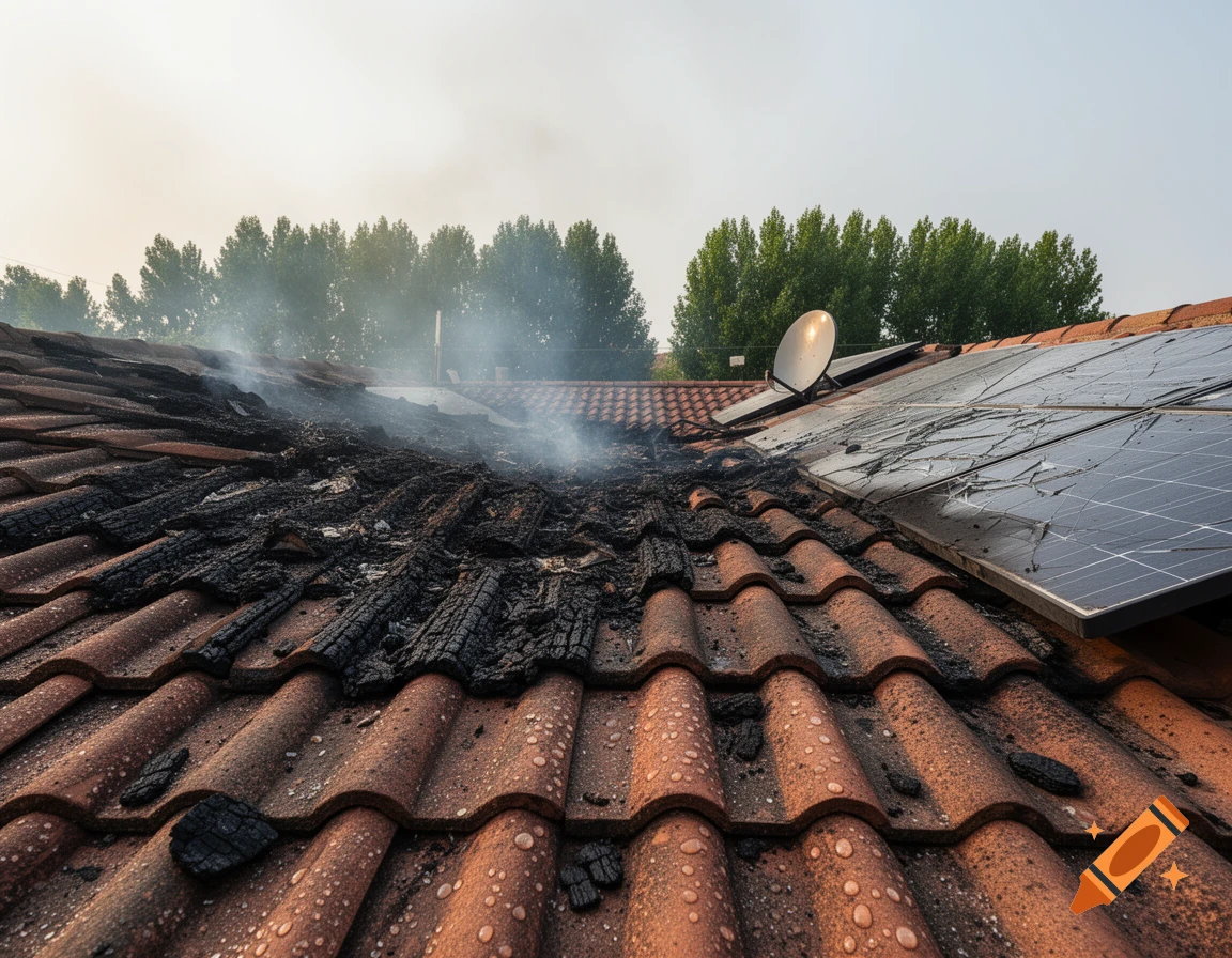 Photorealistic image of a house roof with a burnt section, smoke rising, and damaged solar panels.