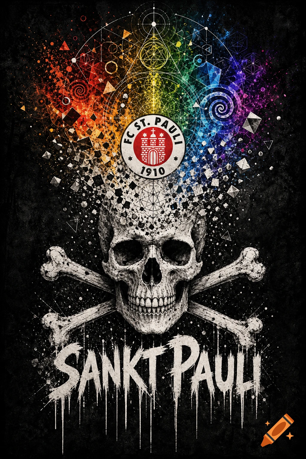 A stylized black and white skull and crossbones with the FC St. Pauli logo above, dissolving into a vibrant rainbow of geometric shapes and splatters. The text SANKT PAULI in brush art style drips below.