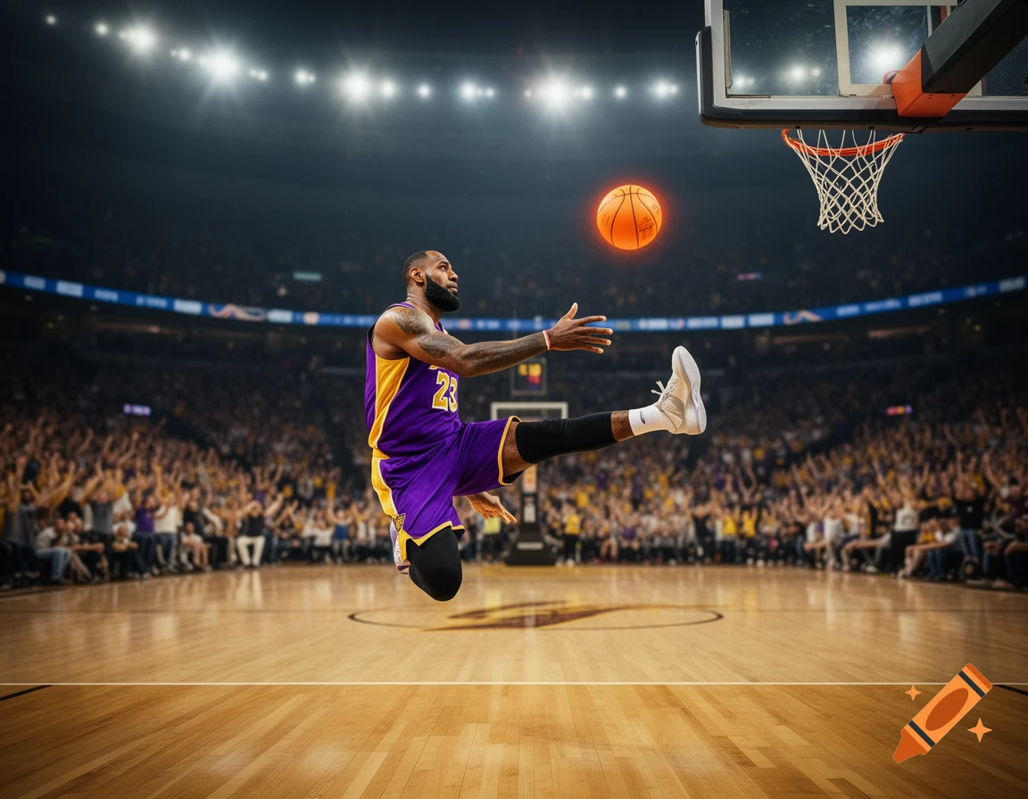 A photorealistic image of LeBron James in a purple and yellow Lakers uniform, airborne for a shot, in a brightly lit basketball arena.