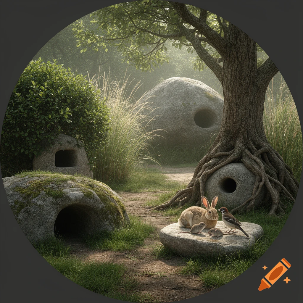 A whimsical circular image depicting a rabbit, two mice, and a sparrow on a flat rock in a forest clearing. Various rocks with holes and lush green foliage surround them, with a large tree dominating the background.