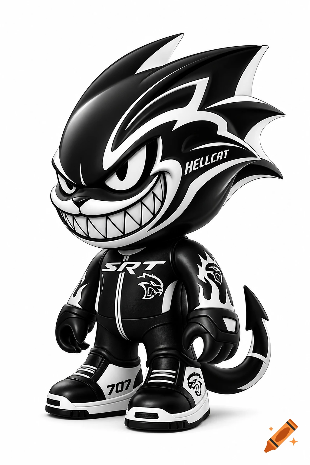 A black and white stylized Hellcat character toy with a large grin, wearing a jacket with 'SRT' and '707' text.