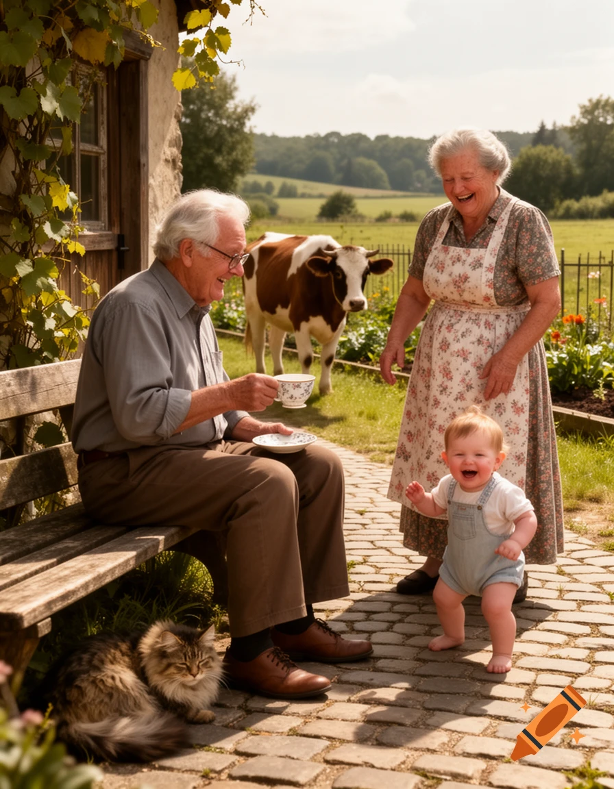 An elderly couple in a sunny rural garden watches a laughing baby on a cobblestone path, with a cat resting nearby and a cow in the background.